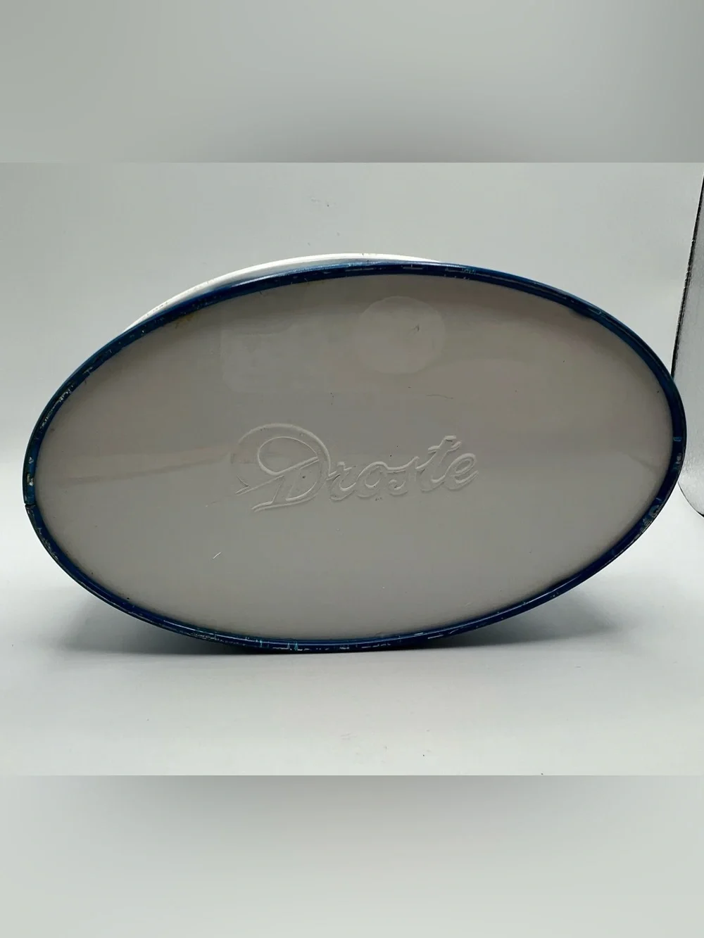 Vintage Droste Holland Oval Metal Candy Tin White And Blue Design